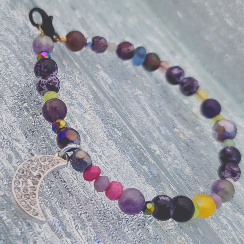 Authentic Gemstone Bracelet Men's Black Purple Yellow Moon Handcrafted